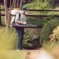 A man with a backpack sprayer wearing a mask spraying shrubs along a landscaped garden path for pest control