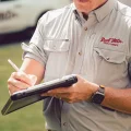 Man in Red Mtn pest and termite uniform using tablet for pest control inspection outdoors