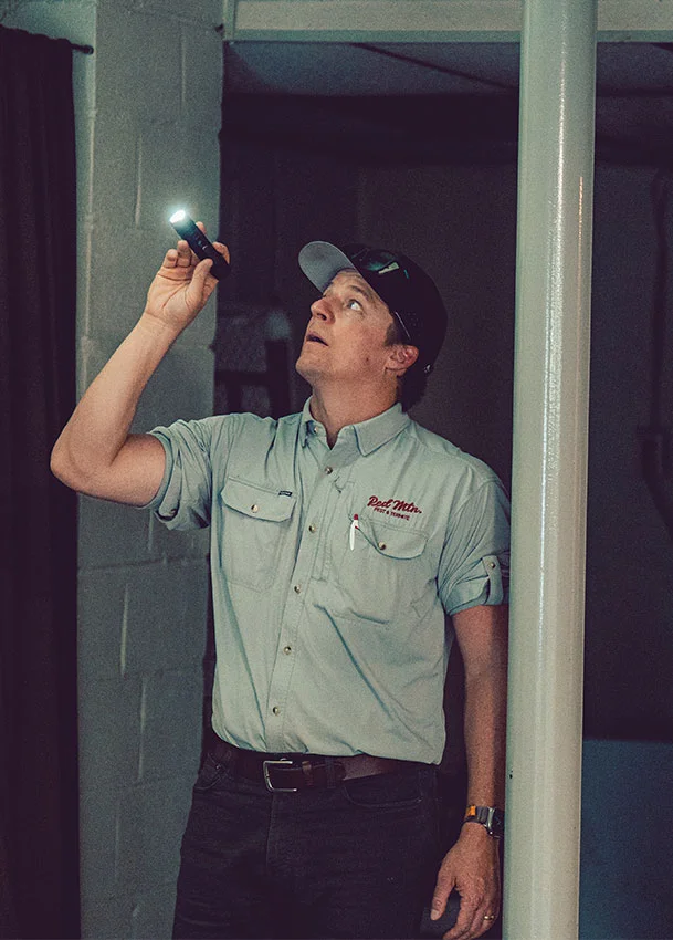 Home inspector examining basement ceiling with flashlight, wearing uniform shirt and cap