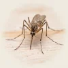 Macro close-up of mosquito with extended proboscis on pale surface, detailed compound eyes and striped legs