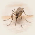 Macro close-up of mosquito with extended proboscis on pale surface, detailed compound eyes and striped legs