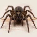 Macro close-up of a brown wolf spider showing eyes, face and hairy legs on a wooden surface